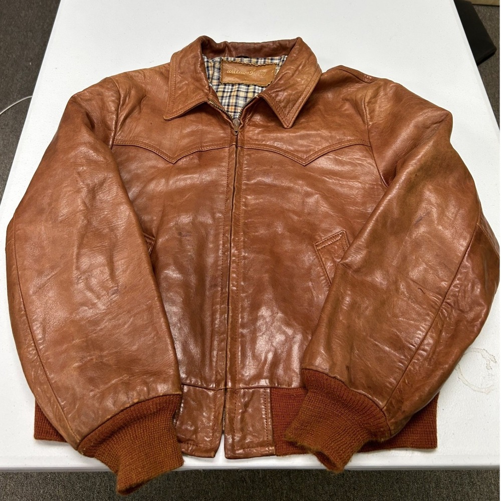 70s William Barry Leather Bomber Jacket Mens 44 Brown Western Yoke Plaid Vintage